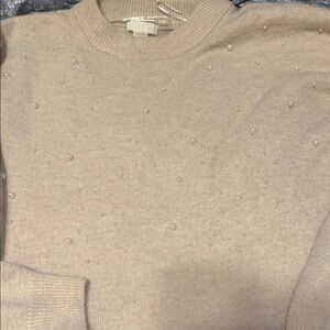 H&M Pearl-Embellished Crewneck Sweater in Light Beige